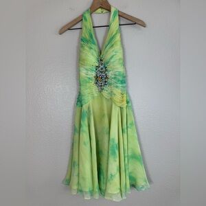 Vintage Mermaid Silk Chiffon Beaded Basix II Tie Dye Green Yellow Halter Dress